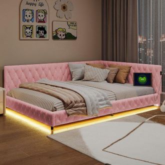 OEM Estructura De Cama 140x200 Cm Rosa De Terciopelo - Led Integrado 360&deg; + Puerto Usb - Somier De Lamas, Contempor&aacute;neo