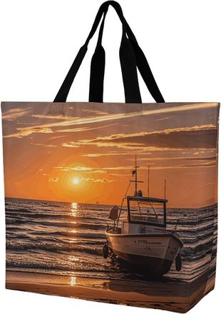 Generic Boat Beach Sunrise Time Nautical Carry Bag Durable Shoulder Bag Reusable Tote Bags For Work College Yoga