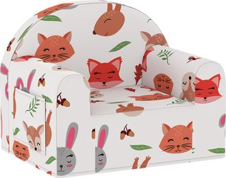 OEM Sill&oacute;n Infantil Con Estampado De Zorros Sof&aacute; Para Ni&ntilde;os De 18-36 Meses Con Funda Extra&iacute;ble Y Bolsillo 54x40x43 Cm Blanco