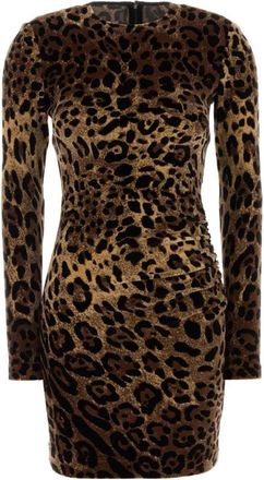 Dolce & Gabbana Brown Crew Neck Printed Mini Dress