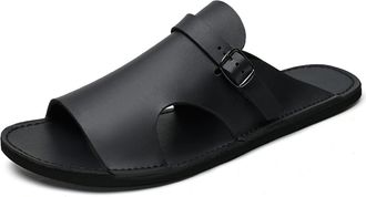 Generic Mens Genuine Leather Flat Slides Sandals Fashion Open Toe Slip On Non Slip Outdoor Casual Slippers Summer Lightweight Beach Sandals (Black,11.5)