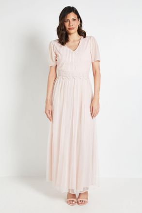 Wallis Womens Mesh Lace Trim Maxi Dress - Pink - Size 10 UK