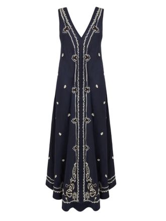 P.A.R.O.S.H. Sleeveless Blue Maxi Dress With Ethnic Embroidery