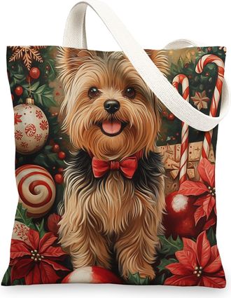 Generic Christmas Yorkies Dog Canvas Tote Bag for Shopping 13x15, Xmas Candy Poinsettia Puppy Reusable Grocery Print Bag for Women, Holiday Pet Beach Aestheti