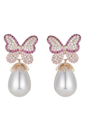 Eye Candy Los Angeles Jaci CZ Butterfly & Imitation Pearl Drop Earrings in Gold at Nordstrom Rack