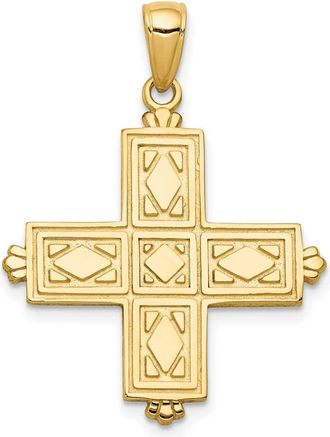 Diamond2Deal 14k Yellow Gold Etched Square Cross Crown Tips Pendant