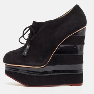Charlotte Olympia Black Suede And Patent Leather Martha Wedge Booties