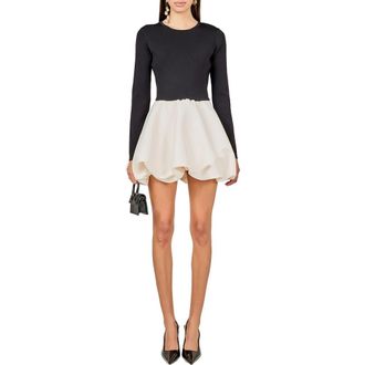 endless rose Mixed Media Long Sleeve Open Back Bubble Minidress in Black/Ivory at Nordstrom, Size X-Small