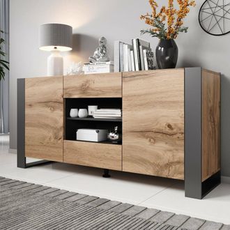 Dmora Credenza Albignola, Madia Da Salotto Con Due Ante Battenti, Due Cassetti E Vani Interni, Rialzata Da Terra, 164x44 H80 Cm, Rovere Nodi E Antracite