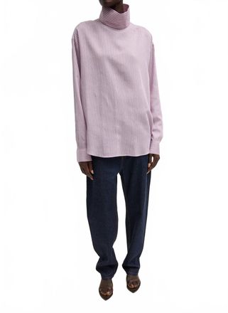 Tibi Silk Tencel Striped Funnel Neck Shirt In Pink Multi