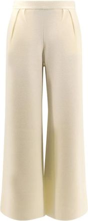 Max Mara Broeken, Dames, Beige, L, Wol, Ribgebreide Taille Wijde Pijpen Wollen Broek