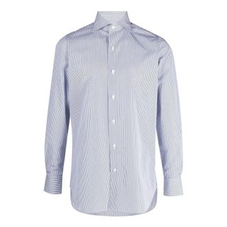 Finamore Verticaal Gestreept Katoenen Overhemd - Heren - Casual Overhemden - Blauw - 3XL - Katoen - Overhemden