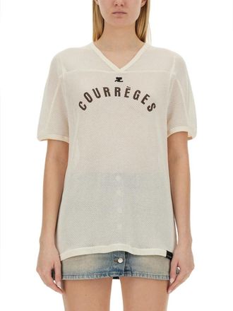 Courr&egrave;ges White Logo V Neck T-Shirt