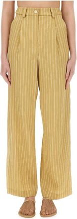 Alysi Satijnen Tailored Broek met Fijne Gouden Strepen - Dames - Wijde Broeken - Beige - 2XS - Satijn - Broeken