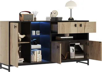 STILVORA Aparador De Almacenaje Con 2 Puertas, Estantes Abiertos, Baldas De Vidrio Y Led Para Salon Oficina En Madera, Natural 160&times;40&times;84.5 Cm