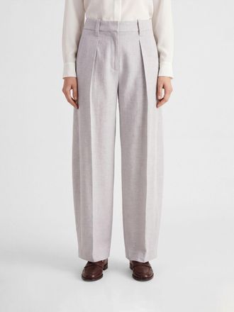 Brunello Cucinelli Pantaloni sartoriali wide leg in lana e cashmere con monile