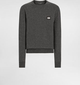 Dolce & Gabbana Wool Round-neck Sweater With Branded Tag - Man Sweaters And Cardigans Gray Wool 44