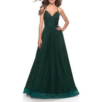 La Femme Long Tulle A-line Gown with Side Slit and Pockets in Dark Emerald at Nordstrom, Size 10
