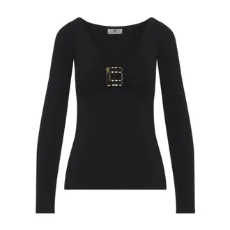 Elisabetta Franchi Tops, Dames, Zwart, S, Jersey Top met Juweel Logo Detail