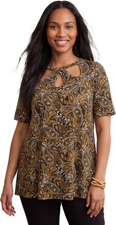 Jessica London Stretch Knit Cutout Swing Tunic in Brown Garden Paisley at Nordstrom, Size 12