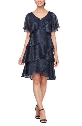 S.L. Fashions Embellished V-Neck Short Sleeve Shimmer Bodre Tier Cocktail Dress in Navy at Nordstrom, Size 16P
