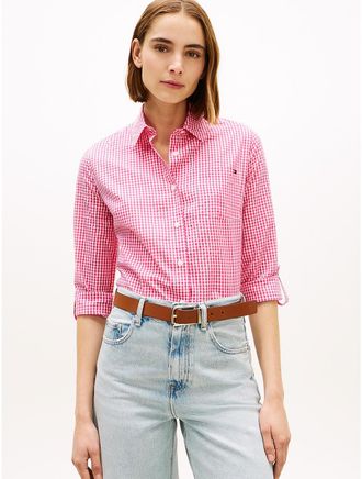 Tommy Hilfiger Womens Regular Fit Gingham Seersucker Shirt - Pink - XXS