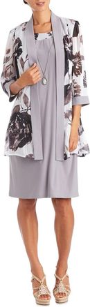 R & M Richards 3/4 Sleeve 2 Piece Evening Jacket & Dress Set In Grey