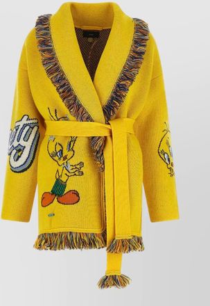 Alanui virgin wool jacquard belted fringed cardigan