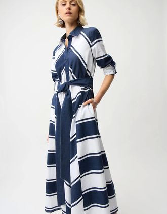 Joseph Ribkoff Womens Cotton stripe print fit and flare dress with reversible sash - Size: 18/20
