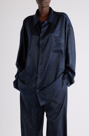 Balenciaga Crystal Embellished Oversize Satin Button-Up Shirt in 4100 Dark Navy at Nordstrom, Size 4 Us