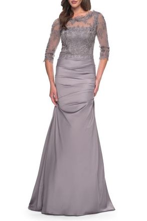 La Femme Satin and Lace Off the Shoulder Mermaid Gown in Silver at Nordstrom, Size 12