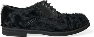 Dolce & Gabbana Black Fur Leather Lace Up Derby Dress Mens Shoes