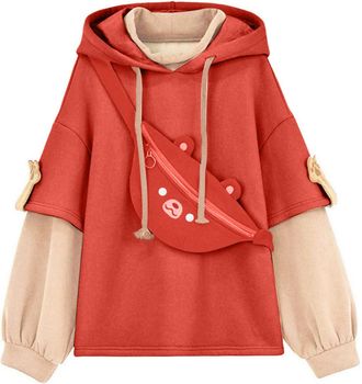 Generic Aesthetic Bear Anime Hoodie Oversized Hoodie Women Korean Kawaii Crewneck Long Sleeve Streetwear Kpop Fall Winter Clothes Tops Red