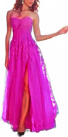 Jovani Strapless Lace Glitter Toole Ballgown In Fuchsia