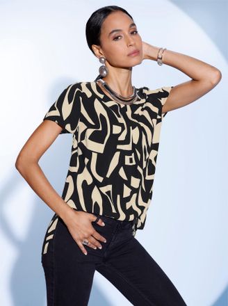 Cr&eacute;ation L Kurzarmbluse CREATION L, Damen, Gr. 36, sand, schwarz, gemustert, 100% Viskose, gemustert, unifarben, Rundhals, Blusen Kurzarmbluse