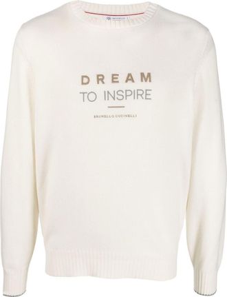 Brunello Cucinelli cashmere embroidered-slogan jumper - men - Cashmere - 50 - CHV08 PANAMA+GRIGIO CHIARO+GRIGIO+CAMEL