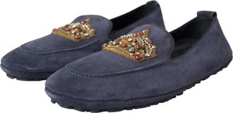 Dolce & Gabbana Mens Blue Leather Suede Crystal Crown Loafers Shoes Calf