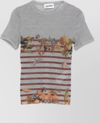 Jean Paul Gaultier short sleeve round neck sheer stripe floral top