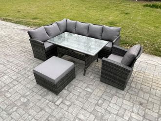 Fimous 8 Seater Outdoor Rattan Garden Furniture Set with Rectangular Dining Table Big Footstool Armchair Patio Corner Sofa Set in Dark Grey