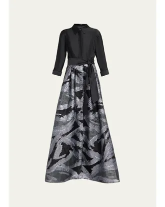 Teri Jon Taffeta & Metallic Organza Shirtwaist Gown