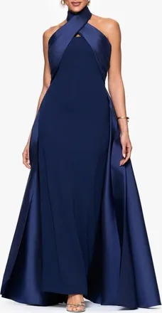 Betsy & Adam Twist Halter Neck Mikado Scuba Crepe Gown in Navy at Nordstrom, Size 12
