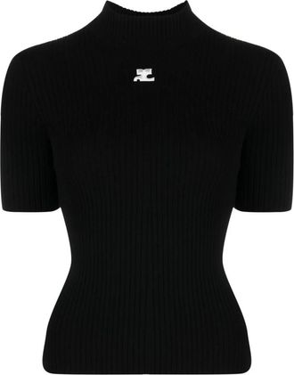 Courr&egrave;ges Zwarte Ribgebreide Trui - Dames - T-shirts - Zwart - M - Polyester - Tops