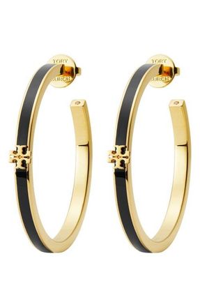 Tory Burch Icon Enamel Hoop Earrings in Tory Gold /Black at Nordstrom