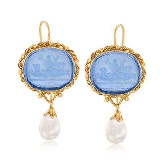 Ross-Simons Italian Cultured Pearl and Blue Venetian Glass Intaglio Drop Earrings in 18kt Gold Over Sterling