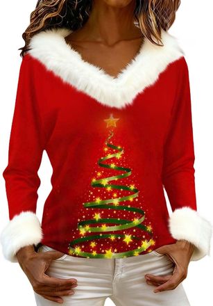 Generic Christmas Sweatshirts for Women Faux Fur Trim Plush V Neck Funny Xmas Tops Novelty Santa Claus Wine Glass Graphic Pullover Shirt (Z05-Xmas 13, XL)