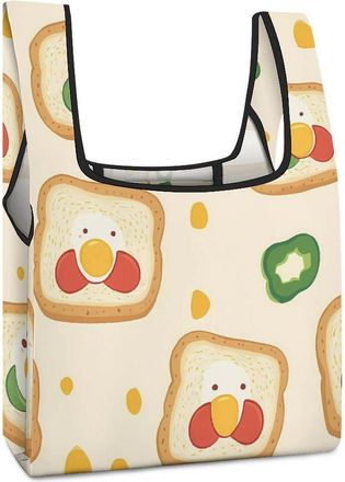Generic Toasts with Egg Breakfast Reusable Shopping Bags Lightweight Foldable Grocery Bag Polyester Washable Tote Bag