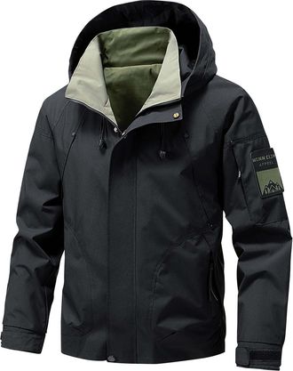 Generic Waterproof Jacket Mens Hooded Outdoor Jackets with Zip Pockets Long Sleeve Relaxed Fit Rain Jacket Plain Colour Casual Tactical Jackets Autumn Fishing