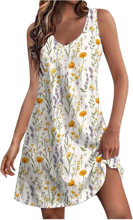 Generic Beach Dresses for Women UK Casual Summer Mini Dress Ladies Sleeveless Tank Dress Floral Print Boho Beach Sundress Elegant Party Vacation Dress Tunic L