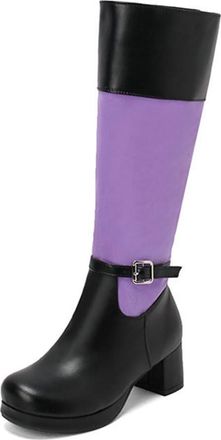 Generic Womens Round Toe Colorblock Knee High Riding Boots with Side Zipper and Buckle Comfort Block Heel Winter Shoes (Purple,5.5)