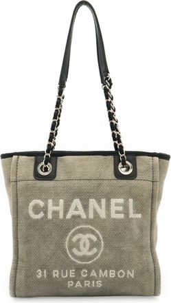 Chanel Black Gray Canvas Leather Shoulder Bag Tote Bag (Pre-Owned)
